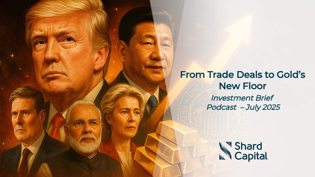 A dramatic, cinematic-style digital painting inspired by vintage movie posters. It features realistic portraits of Donald Trump (center), Xi Jinping, Ursula von der Leyen, Narendra Modi, and Keir Starmer. Behind them are glowing gold bars, a rising stock market arrow, and the seal of the U.S. Federal Reserve. The background is a cosmic, star-filled sky in warm orange tones, evoking tension and global economic drama.